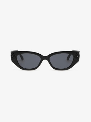 Black cat-eye sunglasses with geometric temple accents and dark lenses.