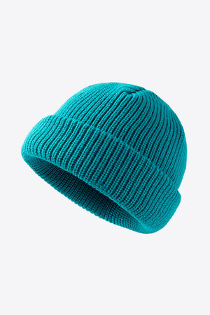 Teal ribbed knit beanie with folded edge detail
