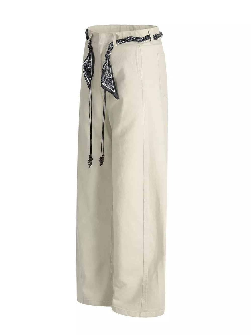 Cream white belted wide-leg maternity pants with black patterned scarf detail and beaded drawstrings.