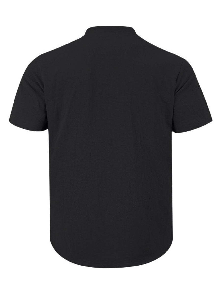 Black short sleeve henley shirt with band collar and button detail