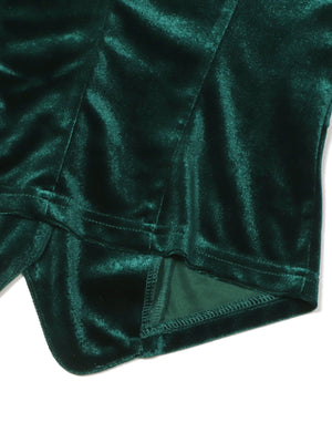 Green velvet button-down vest with lace trim detail