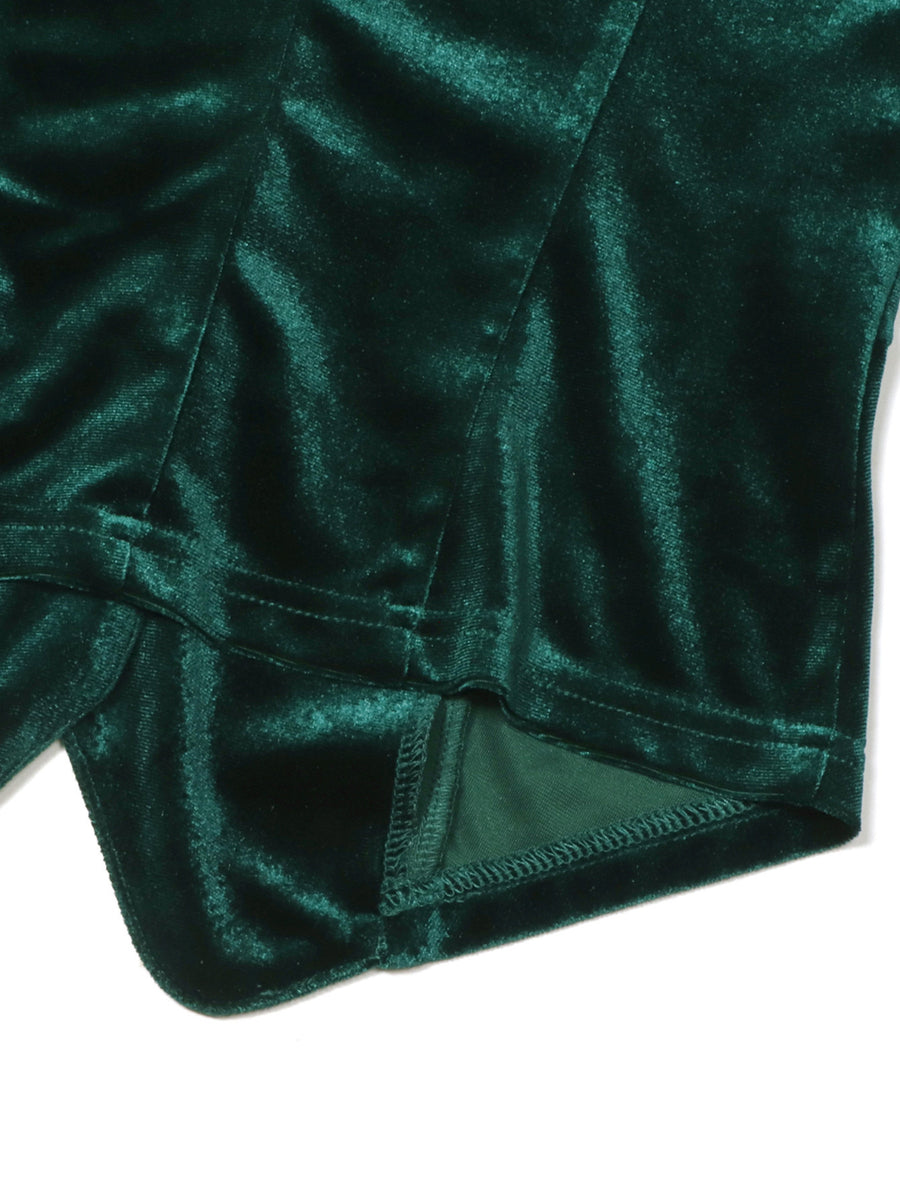 Green velvet button-down vest with lace trim detail