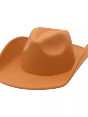 Classic cowboy hat in soft polyester, apricot color, with a curved brim and indented crown.