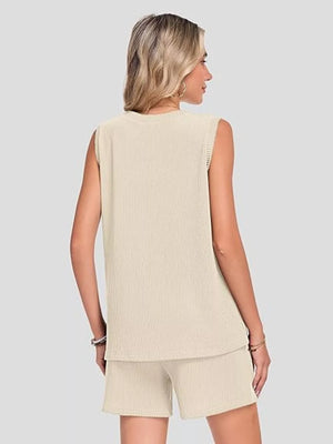 Apricot ribbed knit sleeveless top and shorts set with pockets
