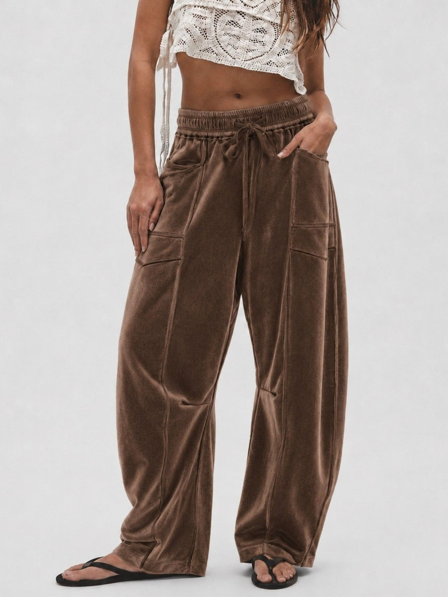 wide-leg pants in chocolate brown featuring drawstring waist and loose fit