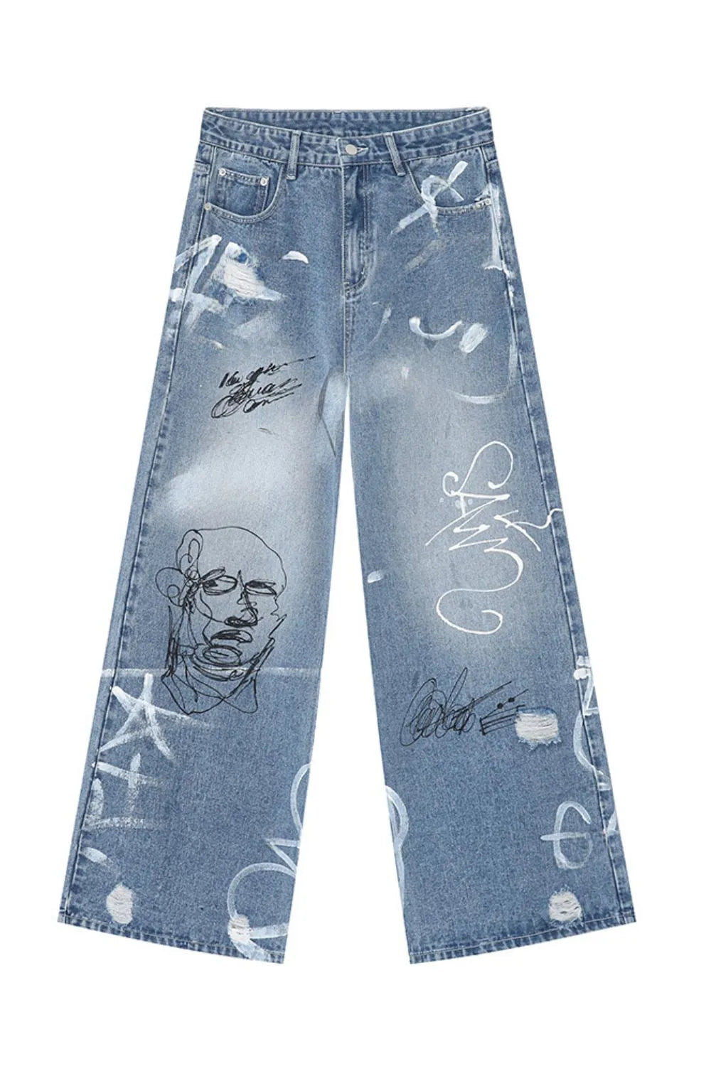 Graffiti art oversized denim trousers in medium wash with distressed details and graphic prints.