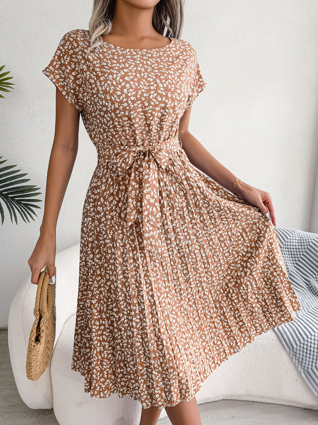 Camel floral print midi dress with tie waist and pleated skirt