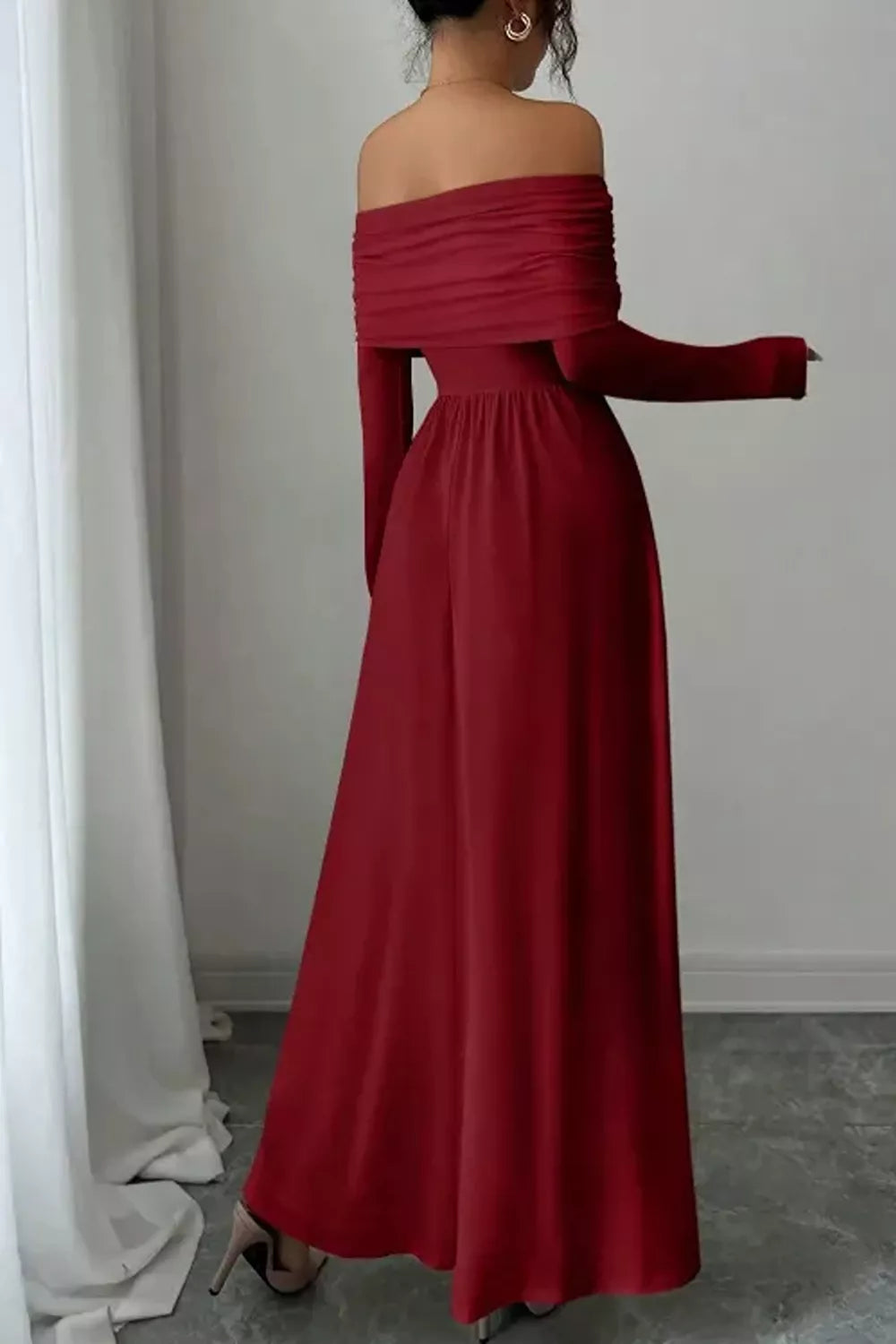 glam maxi dress in Deep Red with off-shoulder