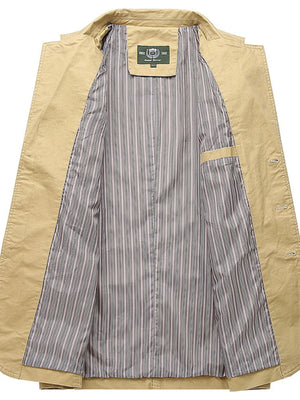 Khaki cotton blazer with striped lining and interior pocket detail.