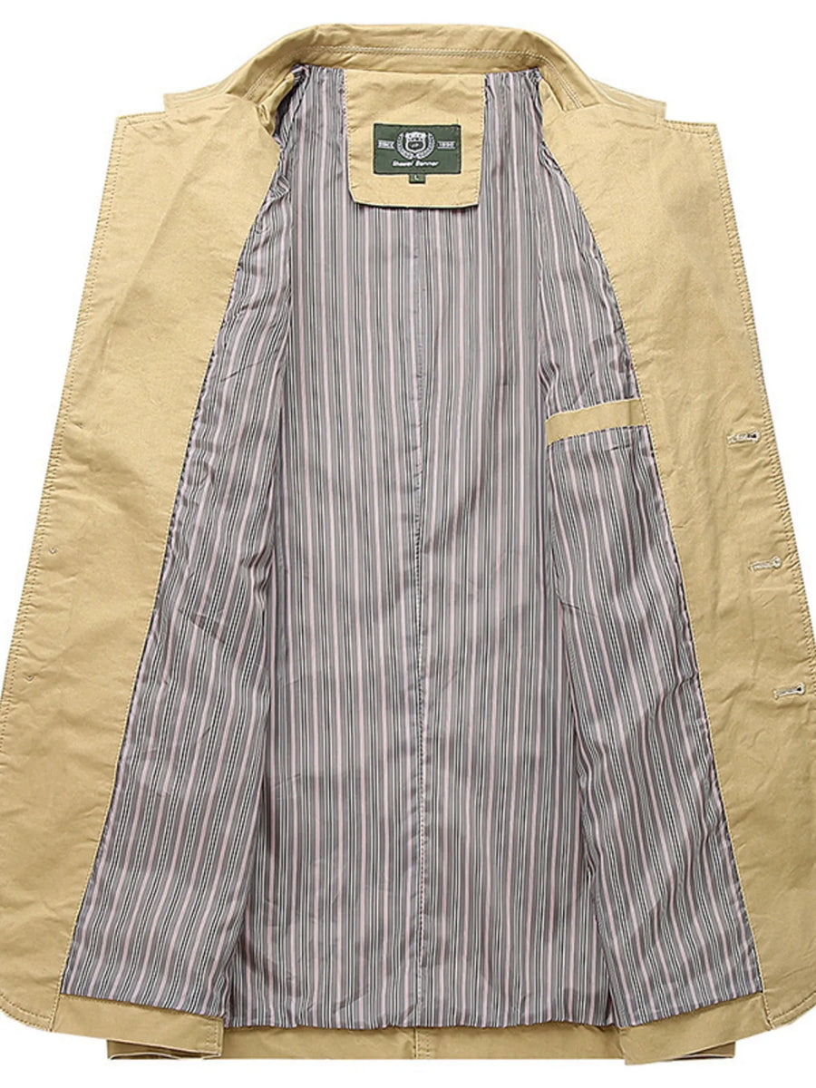 Khaki cotton blazer with striped lining and interior pocket detail.