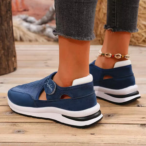 Blue breathable cutout slip-on sneakers with white soles and a "Fashion" detail.