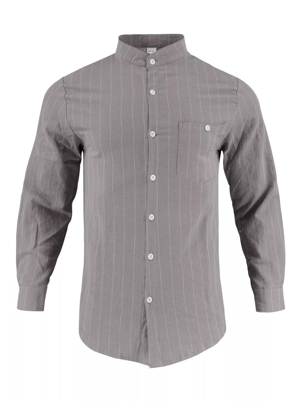 Grey linen-blend button-up shirt with white pinstripes and band collar.