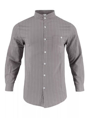 Grey linen-blend button-up shirt with white pinstripes and band collar.