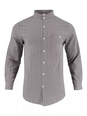 Grey linen-blend button-up shirt with white pinstripes and band collar.