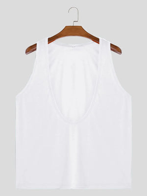 White deep plunge tank top with a U-neckline and sleeveless design.