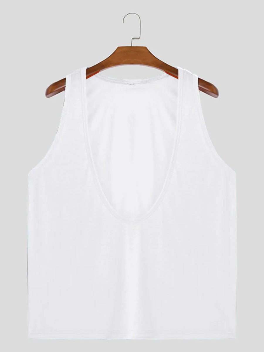 White deep plunge tank top with a U-neckline and sleeveless design.