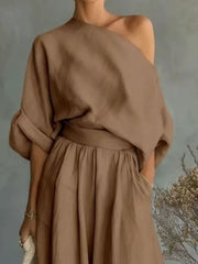 coastal two-piece set in Yellow-Green with one-shoulder