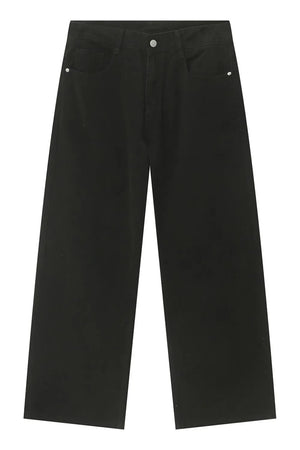 Black wide-leg denim jeans with a relaxed fit and classic five-pocket styling.