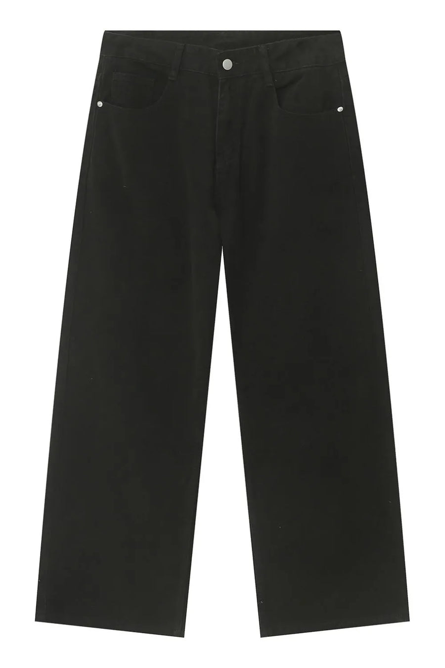 Black wide-leg denim jeans with a relaxed fit and classic five-pocket styling.