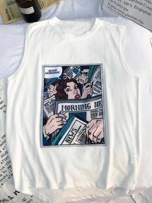 White men's graphic comic print tank top with crew neck