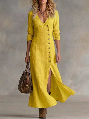 Khaki Color A-line midi dress with v-neck