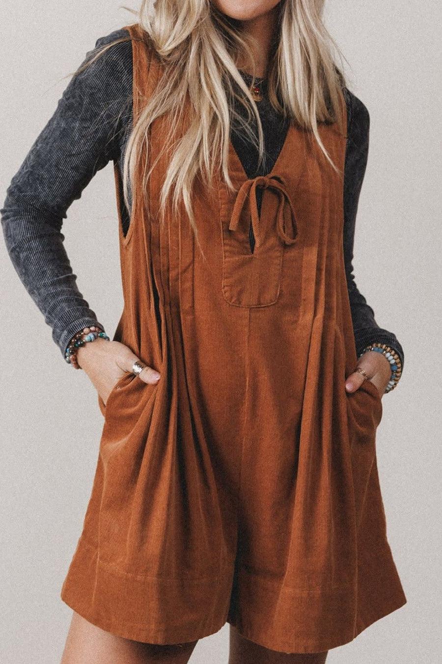 bohemian romper in Caramel with v-neck