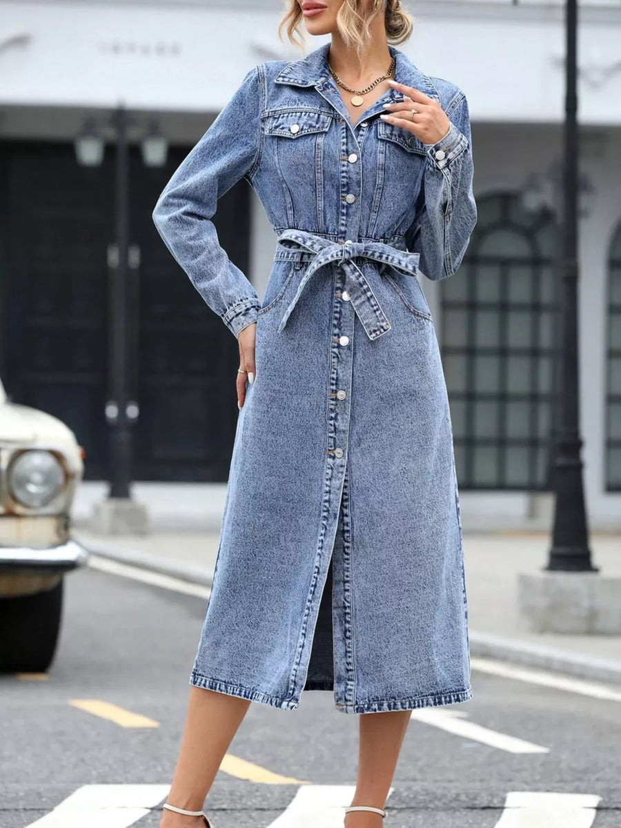 Belted Long Sleeve Denim Dress option 9
