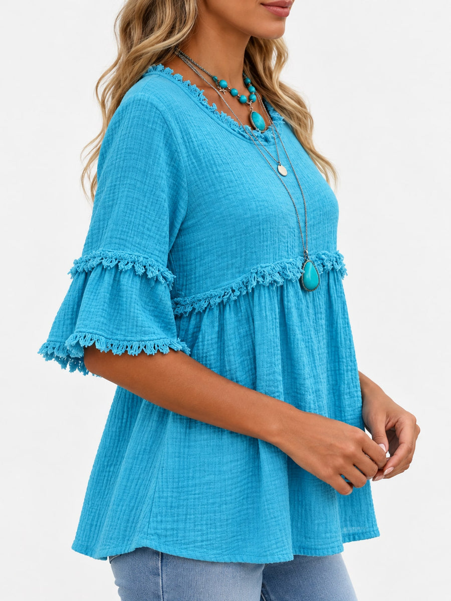 Full Size Frayed Edge Textured Blouse Plus Size in sky blue with fringe