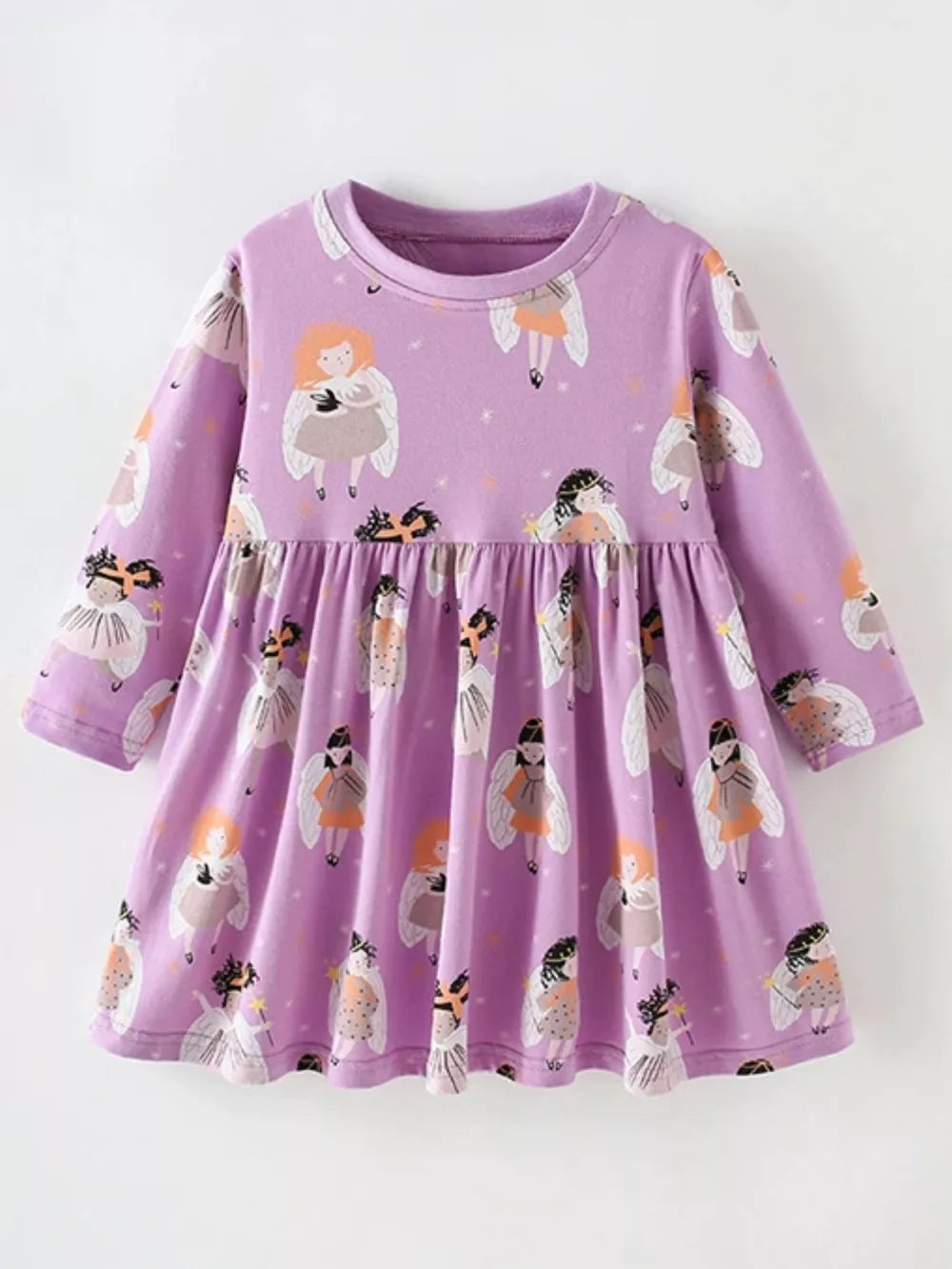 Purple cotton blend toddler dress with long sleeves and a cartoon angel print.