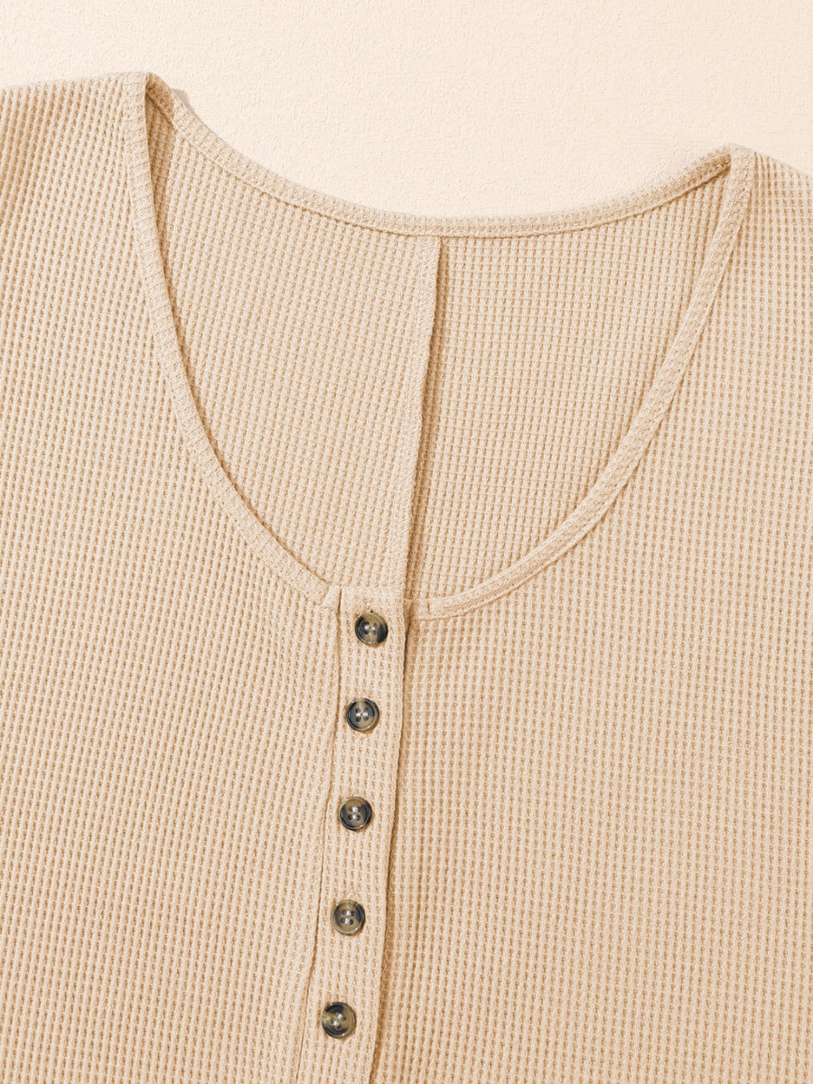 Waffle knit button-down romper in Camel with a scoop neckline and button details.