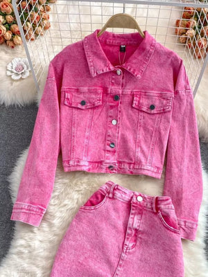 Pink denim jacket and skirt set with button-down front and pockets