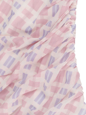 Ruched maxi dress with pink and purple geometric pattern, 100% polyester fabric