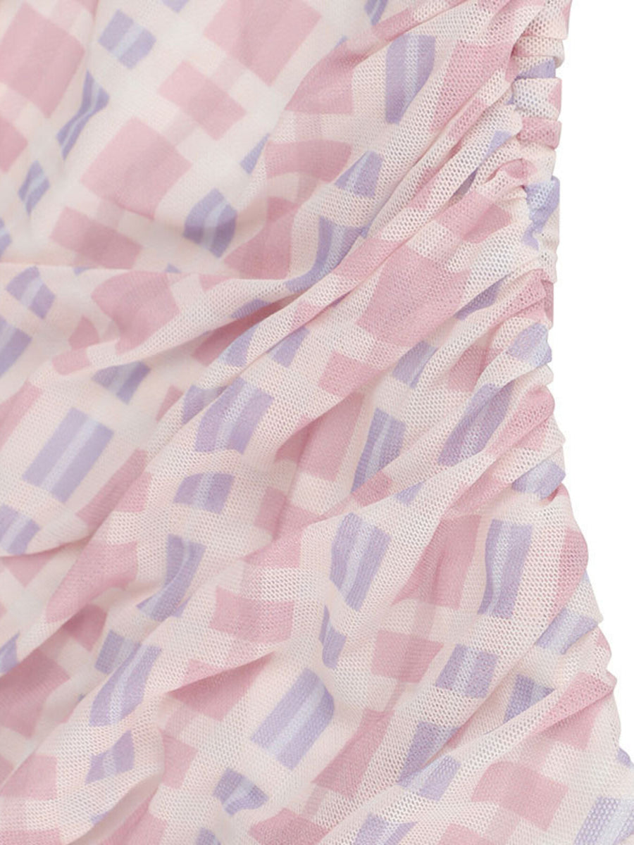 Ruched maxi dress with pink and purple geometric pattern, 100% polyester fabric