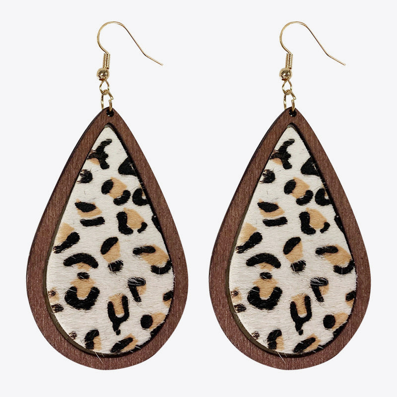 Leopard print teardrop wood earrings with gold hooks
