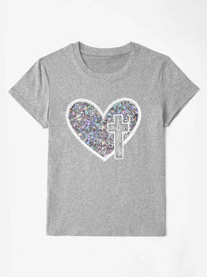 Gray t-shirt with iridescent heart and cross appliqué detail
