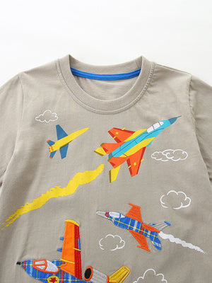 Toddler boys' tan cotton tee with colorful embroidered airplanes and clouds.