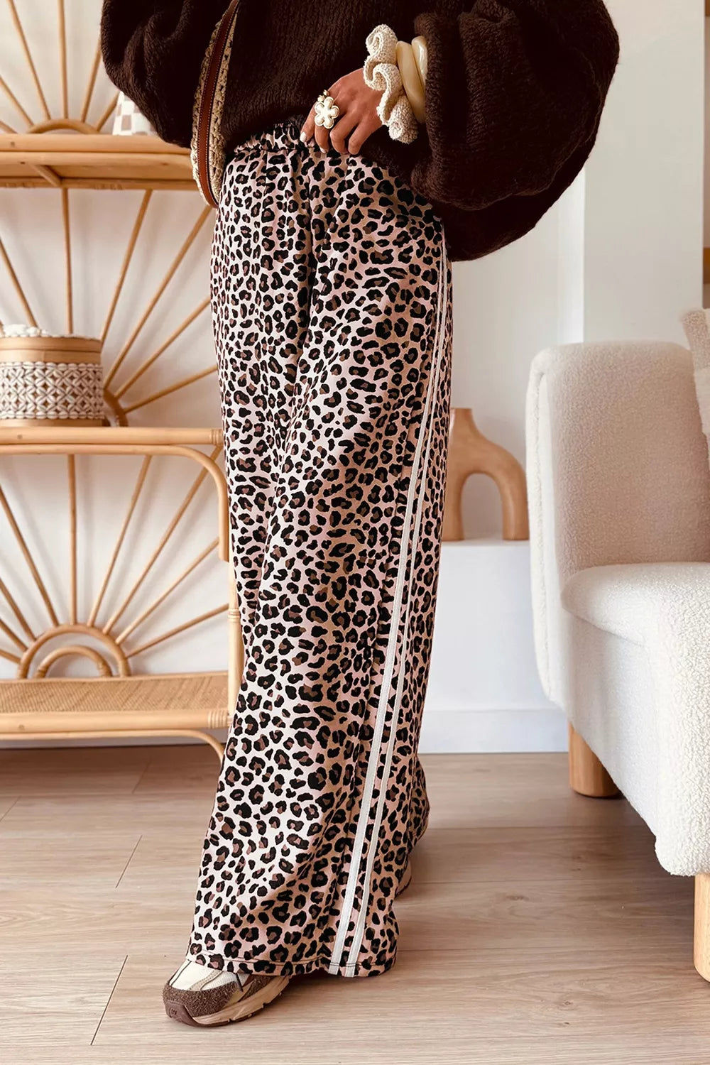 Leopard Print Side Striped Wide Leg Pants
