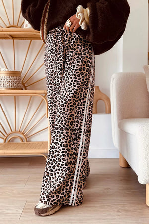 Leopard Print Side Striped Wide Leg Pants
