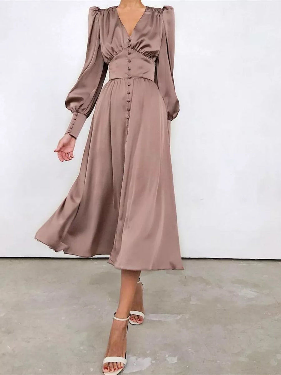 Elegant V-neck Puff Sleeve Button-down Midi Dress in Purple