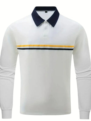 White long sleeve polo with navy contrast collar and horizontal stripe detail