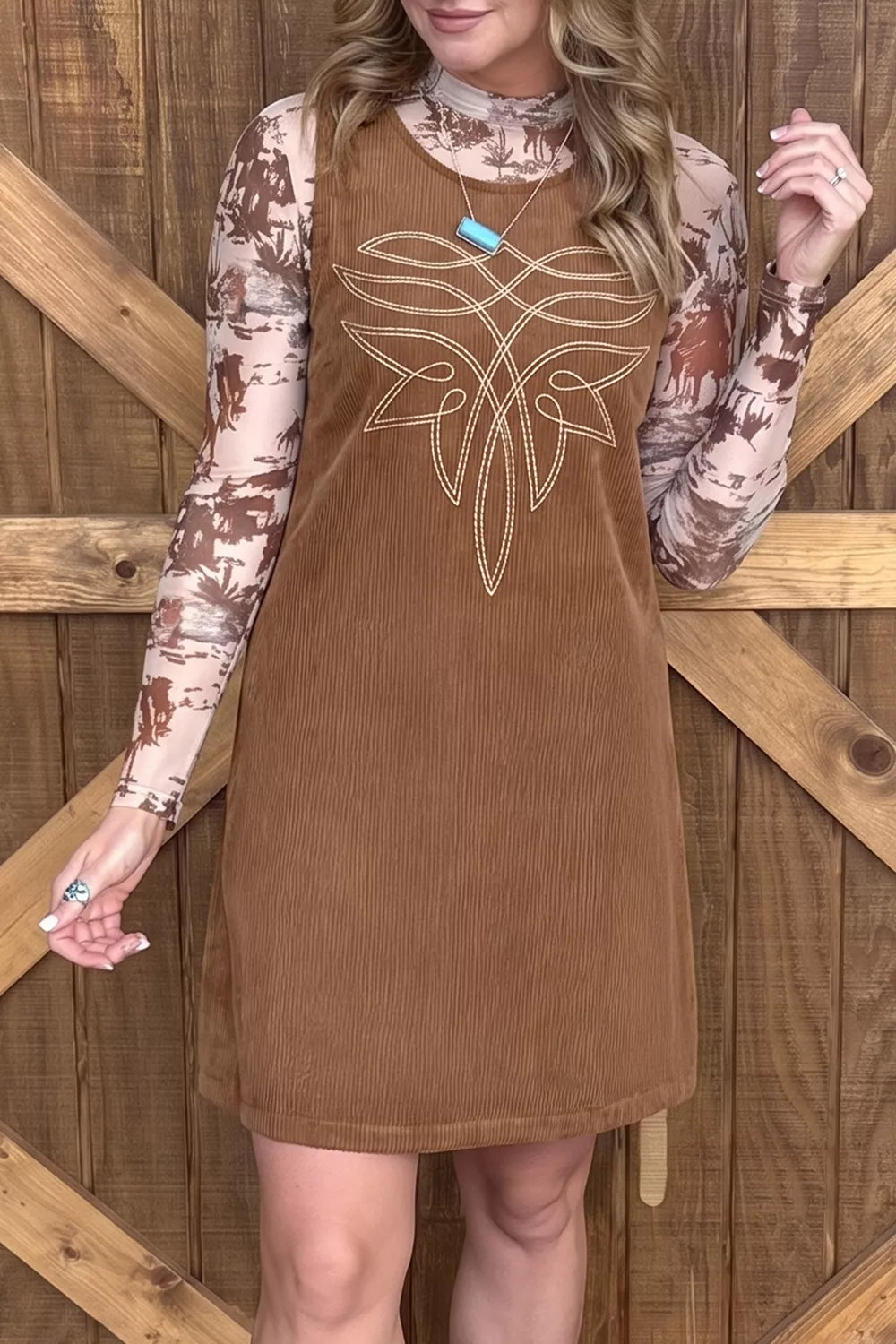 Brown Geometric Embroidery Sleeveless Corduroy Shift Dress