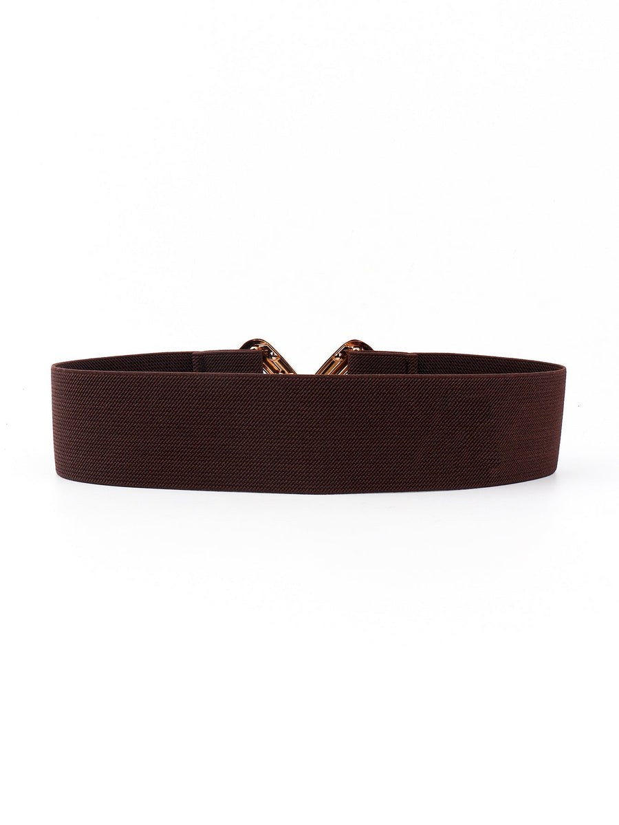 Brown elasticated waist belt with geometric buckle detail