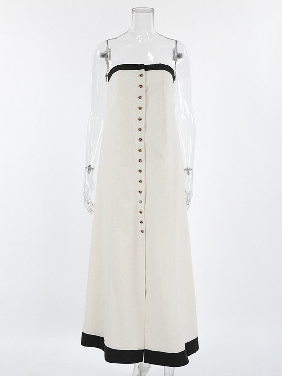 Button front tube maxi dress in beige cotton blend with black trim and button detail.