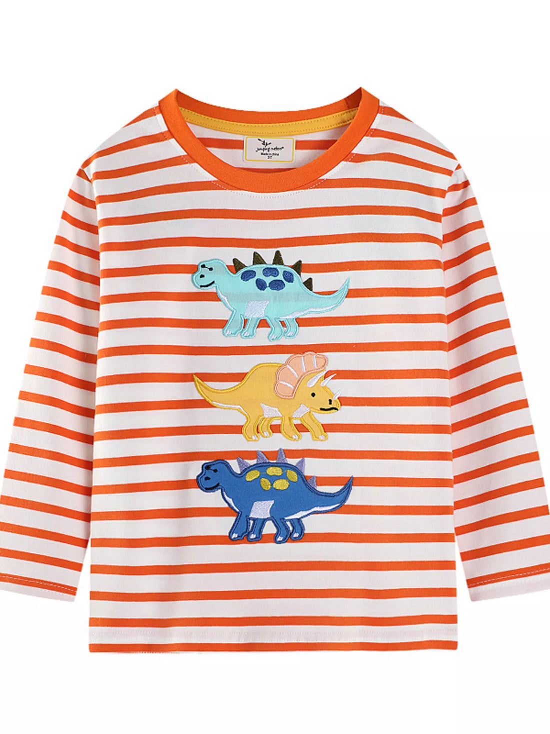 Dinosaur applique long-sleeve tee with orange and white stripes.