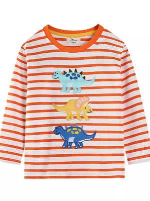 Dinosaur applique long-sleeve tee with orange and white stripes.