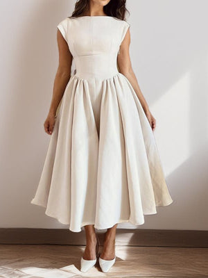 Beige cap sleeve boat neck a-line midi dress with a full skirt