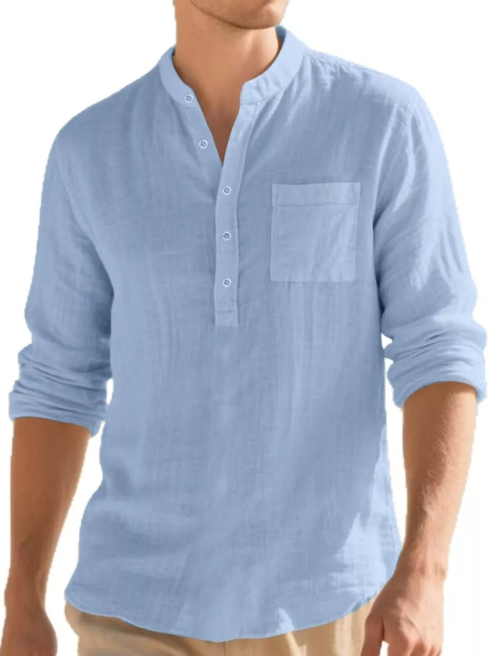 Men's light blue cotton band collar button-down shirt with chest pocket