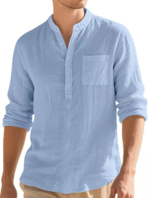 Men's light blue cotton band collar button-down shirt with chest pocket