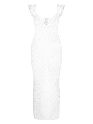 White crochet knit maxi cover-up dress with cutout neckline and ruffled straps.