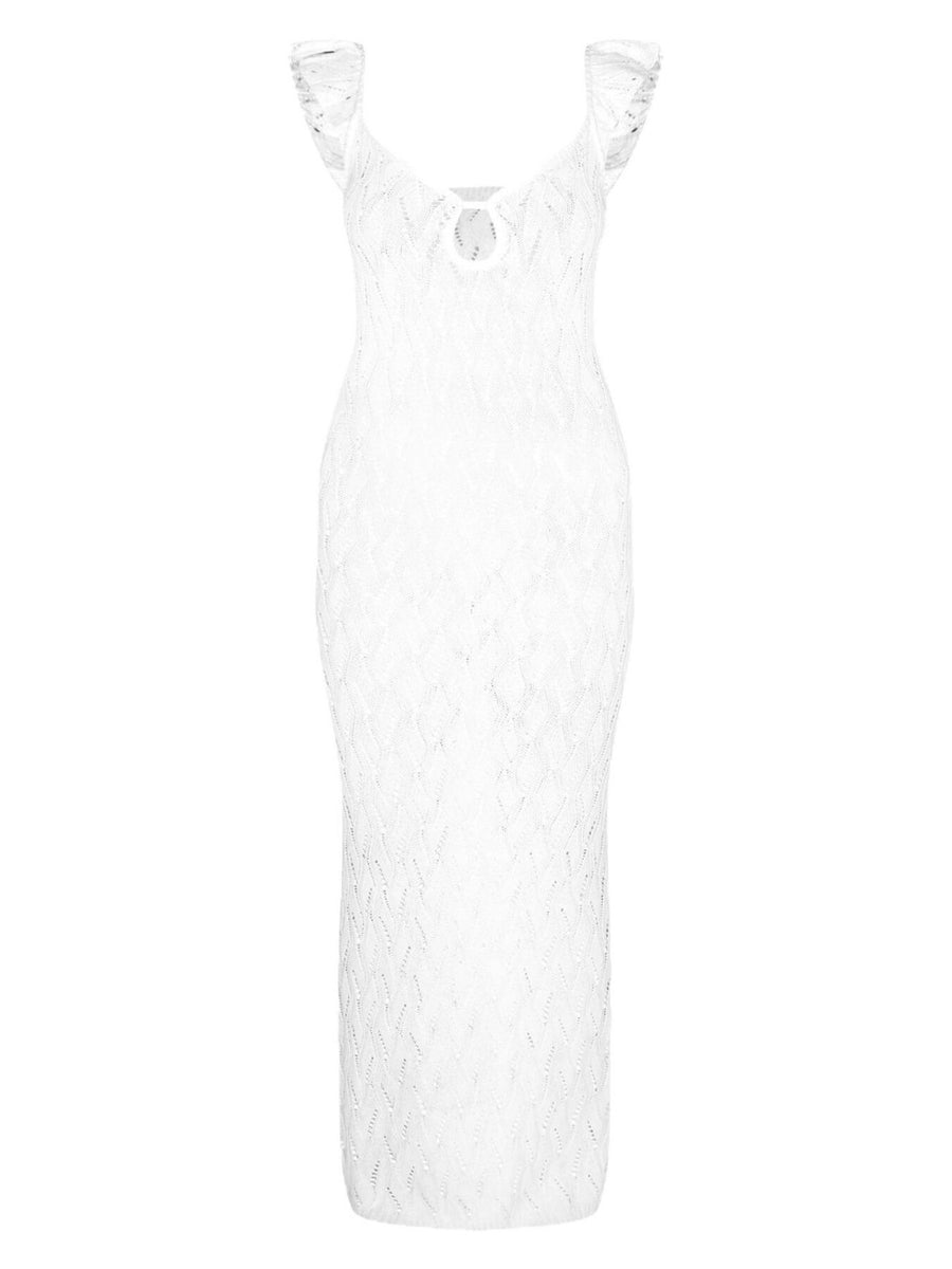 White crochet knit maxi cover-up dress with cutout neckline and ruffled straps.